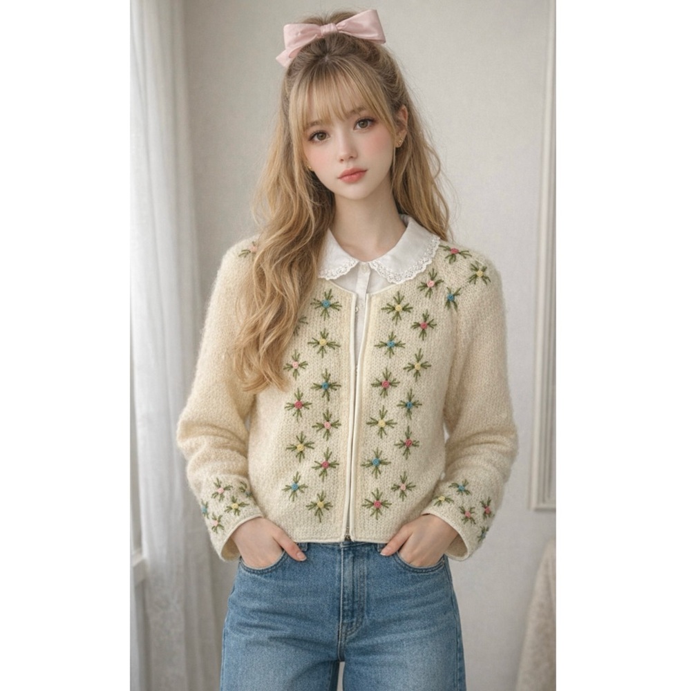 VINTAGE Mohair Wool Floral Coquette Soft Girl Cottagecore Preppy Cardigan Small